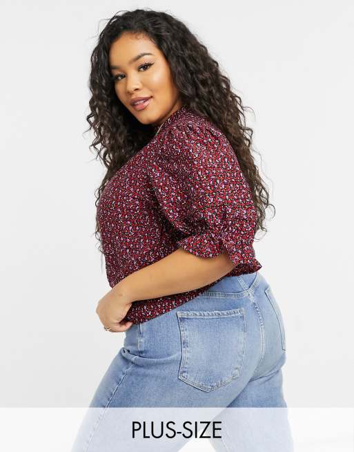 Wednesday's Girl Curve - Blouse met gesmokte mouwen in fijne rozenprint