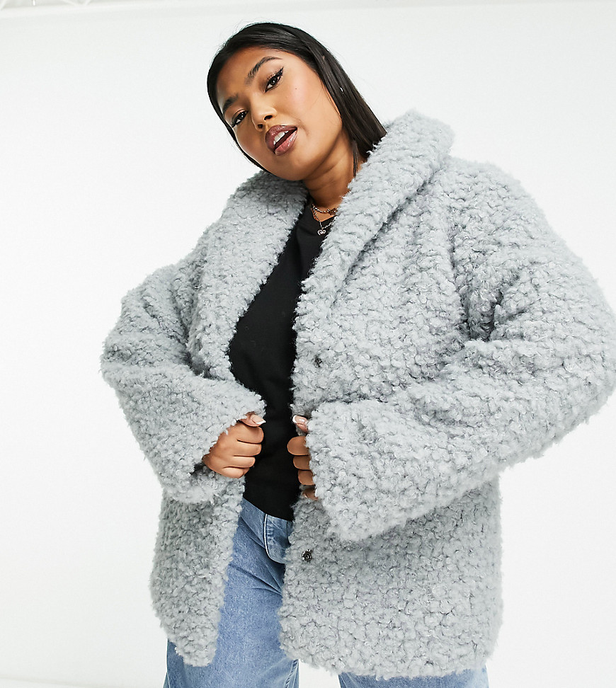 Wednesday's Girl Curve Boxy Collar Detail Jacket In Gray Fluff