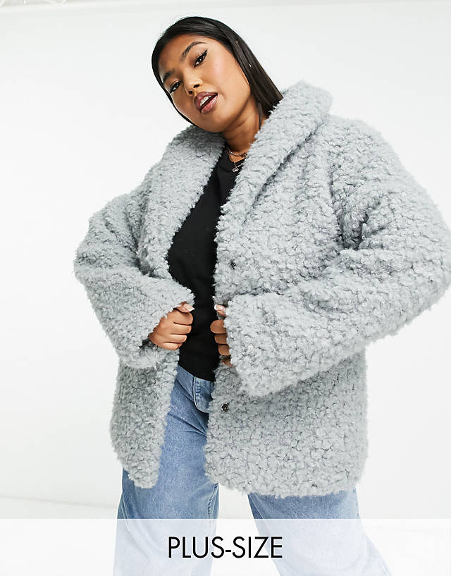 Wednesday's Girl Curve - boxy collar detail jacket in grey fluff