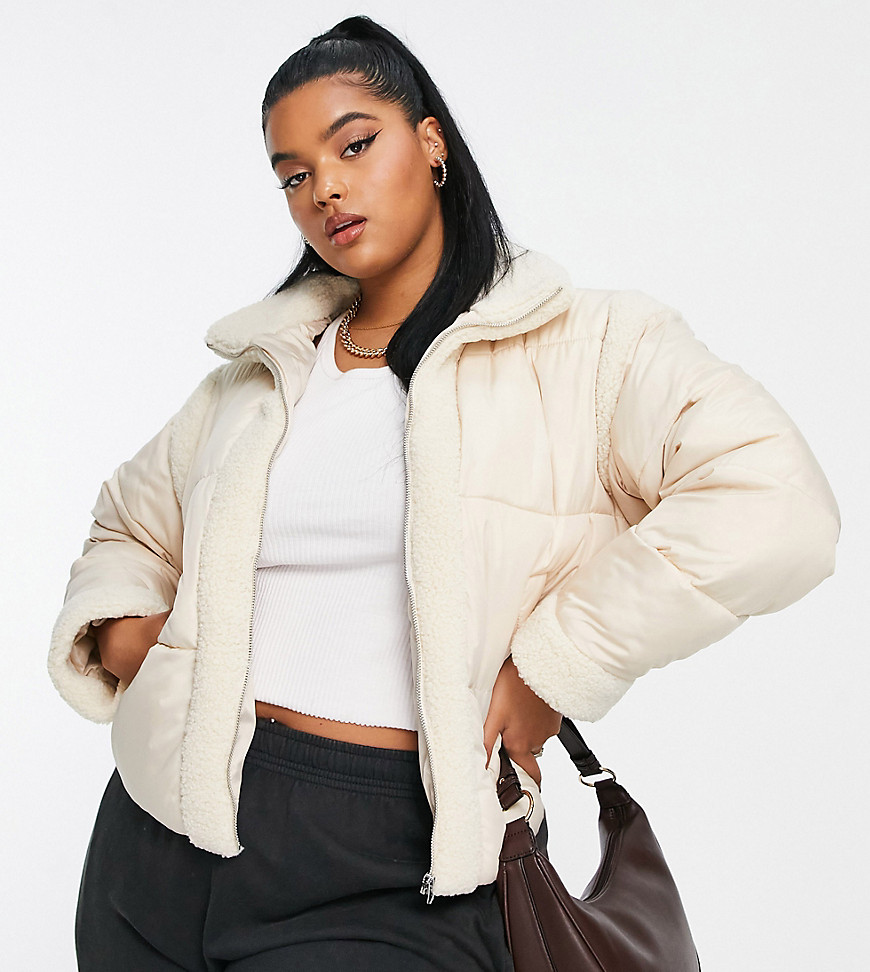 Wednesday's Girl Curve boxy high neck puffer jacket in cream with contrast sherpa panels-White