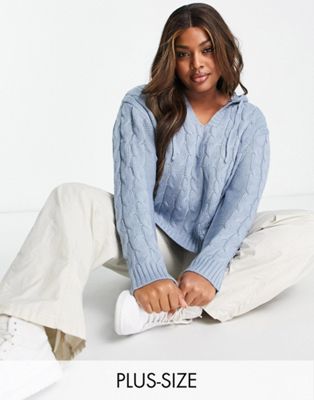 Wednesday's Girl Curve Boxy Hoodie In Blue Cable Knit With Tie Neck