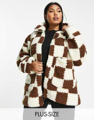 Wednesday's Girl Curve Boxy Oversized Coat In Check Fluffy Borg-multi