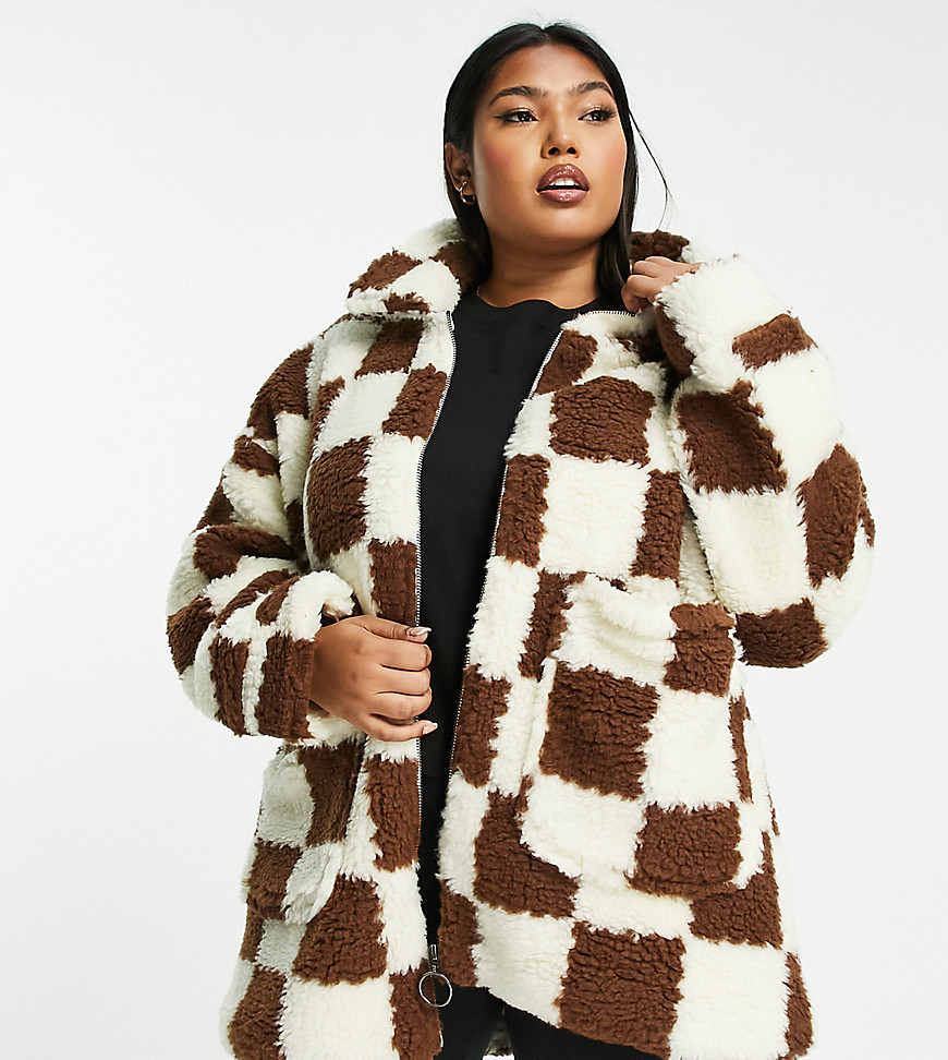 boxy oversized coat in check fluffy borg-Multi