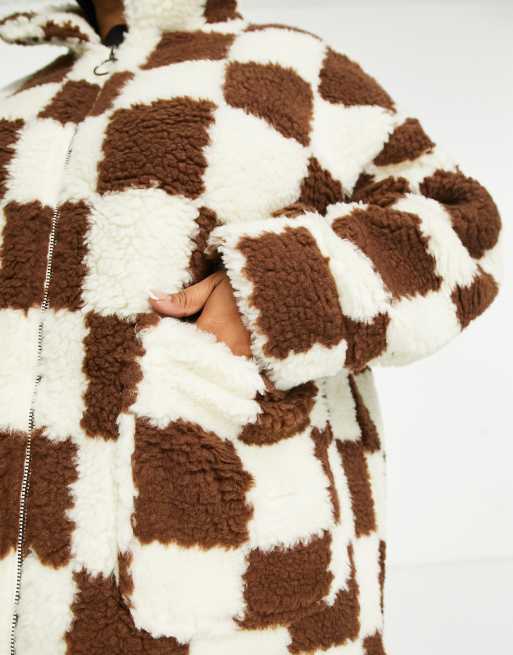 Wednesday's Girl Curve boxy oversized coat in check fluffy borg, 2 of 4