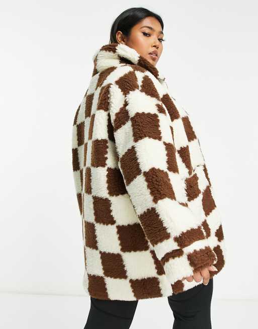 Wednesday's Girl Curve boxy oversized coat in check fluffy borg, 3 of 4