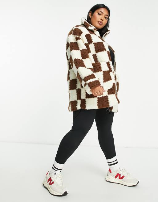 Wednesday's Girl Curve boxy oversized coat in check fluffy borg, 4 of 4