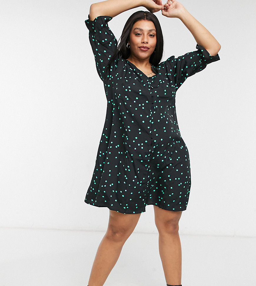 Wednesday's Girl Curve button front mini dress in scattered dot print-Black