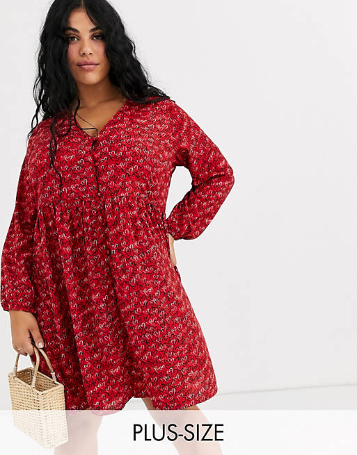 Wednesday's Girl Curve button front smock dress in scribble heart print