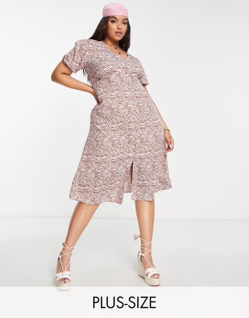 Wednesday's Girl Curve button through midi tea dress in tonal pink zebra