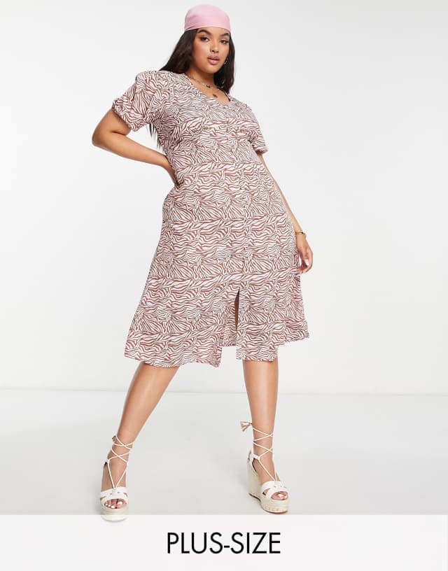 Wednesday's Girl Curve button up midi tea dress in tonal pink zebra