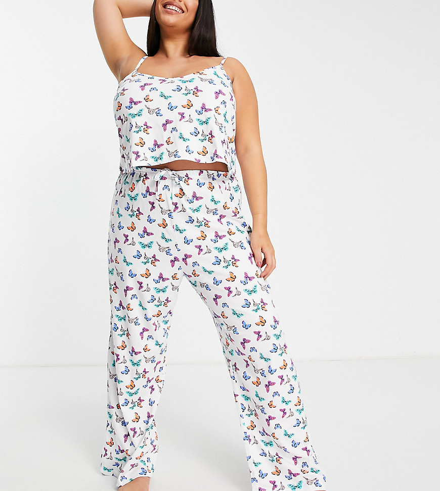 Wednesday's Girl Curve cami and pants pajama set in butterfly print-White