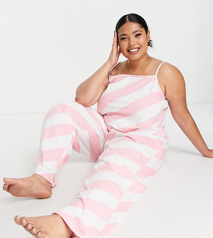 Wednesday's Girl Curve cami and pants pajama set in candy stripe-Pink