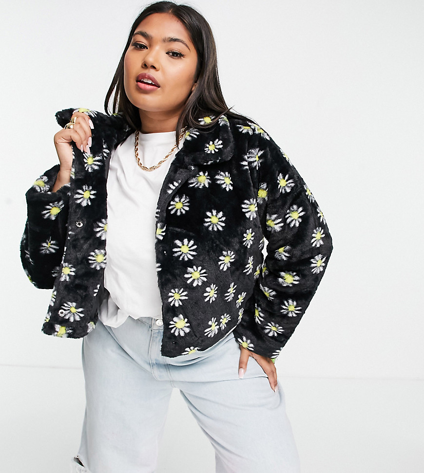 Wednesday's Girl Curve coat in daisy faux fur-Black