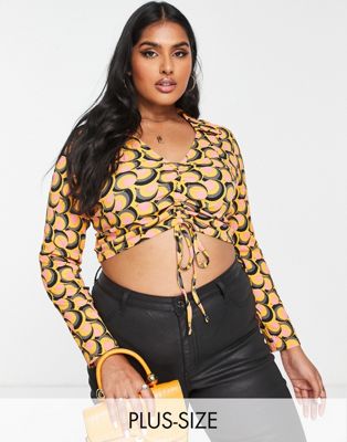 Wednesday's Girl Curve collar detail long sleeve crop top with ruched front in 70s print