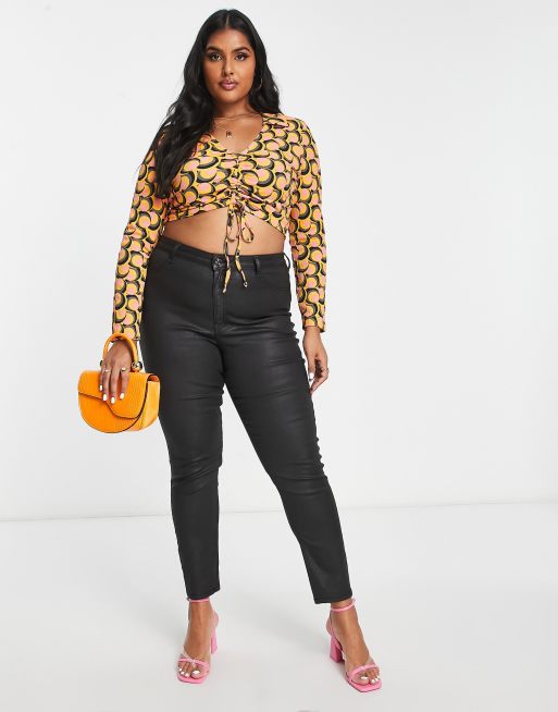 Wednesday's Girl Curve collar detail long sleeve crop top with ruched front  in 70s print