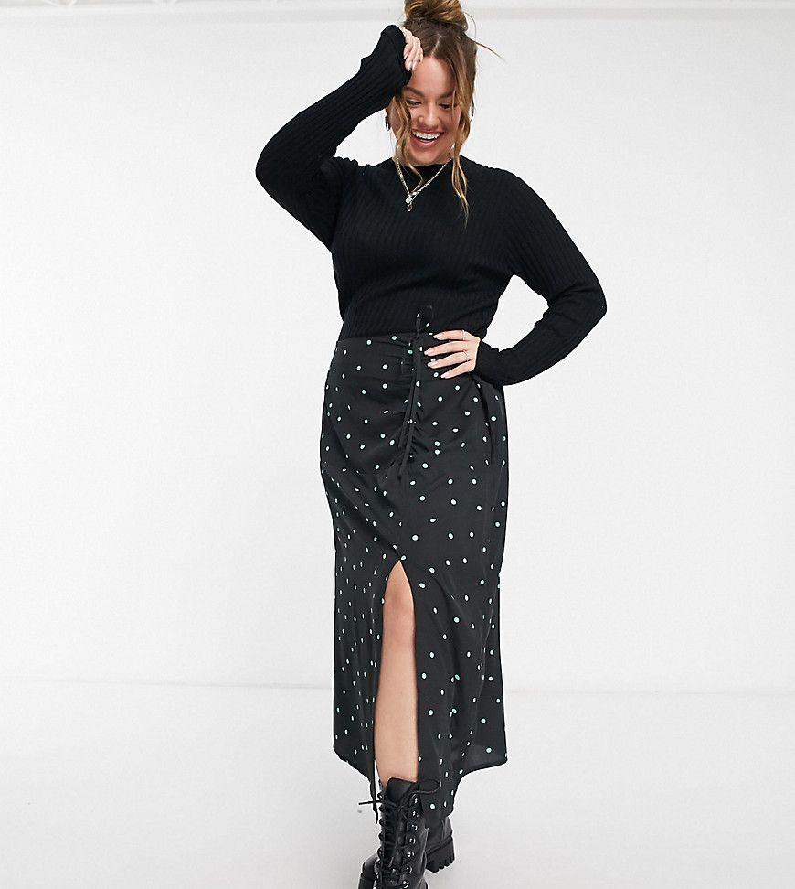 Wednesday's Girl Curve coordinating midaxi skirt with front slit in scattered polka dot-Black