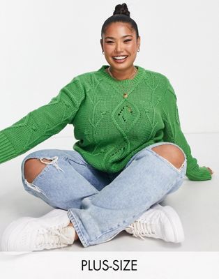 Wednesday's Girl Curve cropped boxy jumper in green cable knit