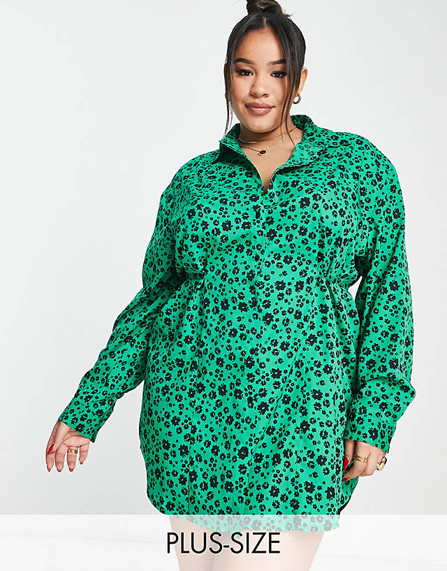 Wednesday's Girl Curve - ditsy floral belted mini shirt dress in emerald green