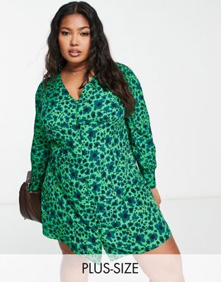 Wednesday's Girl Curve ditsy floral print button through mini dress in jade green