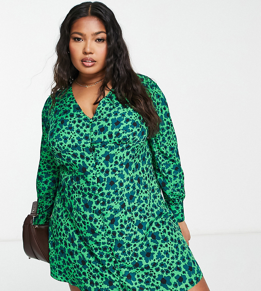 Wednesday’s Girl Curve ditsy floral print button through mini dress in jade green