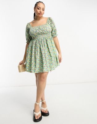 Wednesday's Girl Curve ditsy floral puff sleeve smocked mini dress in green