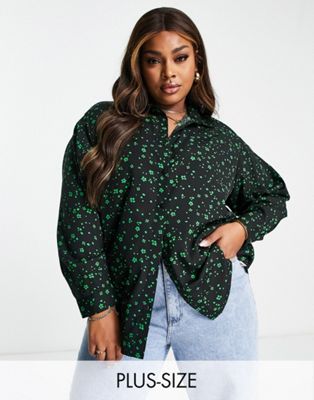 Wednesday's Girl Curve ditsy print oversized shirt in black and green