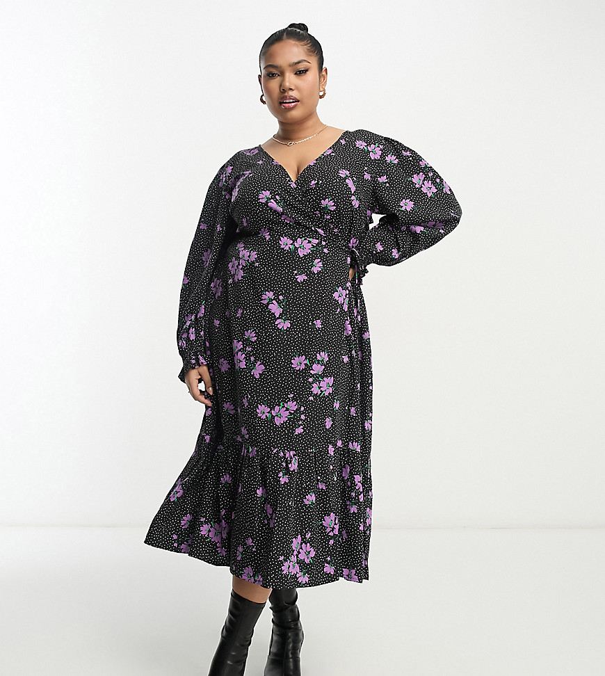 Wednesday’s Girl Curve ditsy spot tie-back wrap midi dress in violet and black-Purple