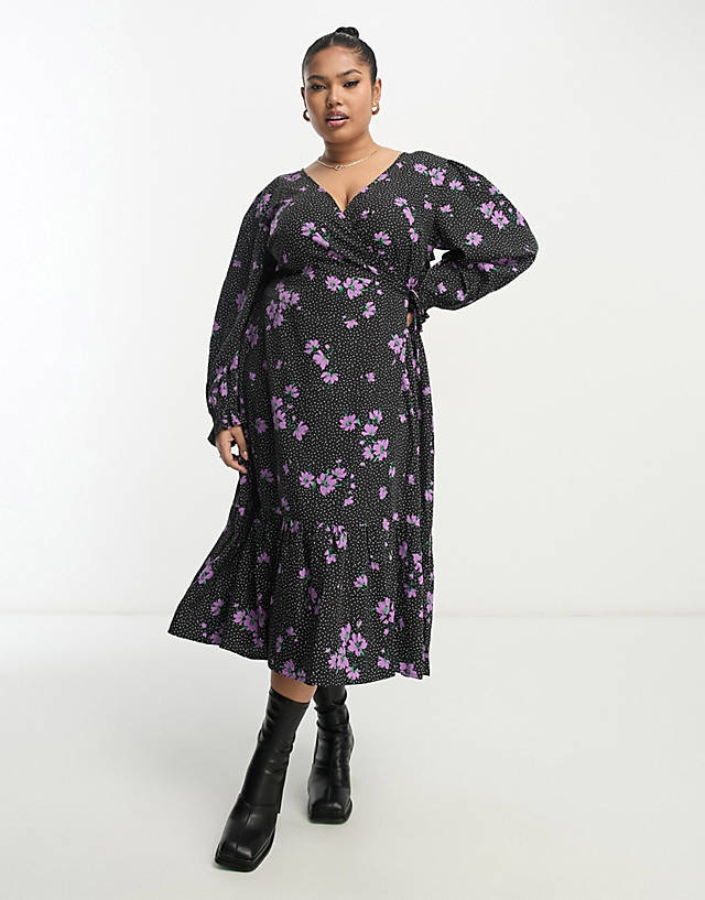 Wednesday's Girl Curve - ditsy spot tie-back wrap midi dress in violet and black