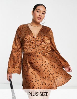 Wednesday's Girl Curve flared sleeve satin mini dress in tan micro floral print - ASOS Price Checker