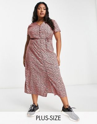 Wednesday's Girl Curve floral print button through tie detail midi dress in pink