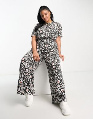 Wednesday's Girl Curve floral print wide leg jumpsuit in black and white