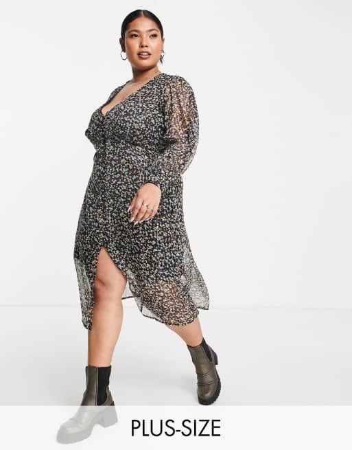 Wednesday's Girl Curve – Freizeitkleid in Midilänge mit dunklem Blümchenmuster und V-Ausschnitt