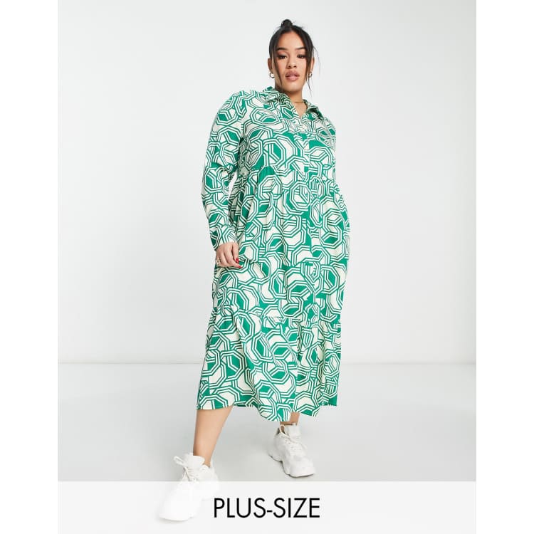 Wednesday's Girl Curve geometric print button up midi shirt dress in green  | ASOS