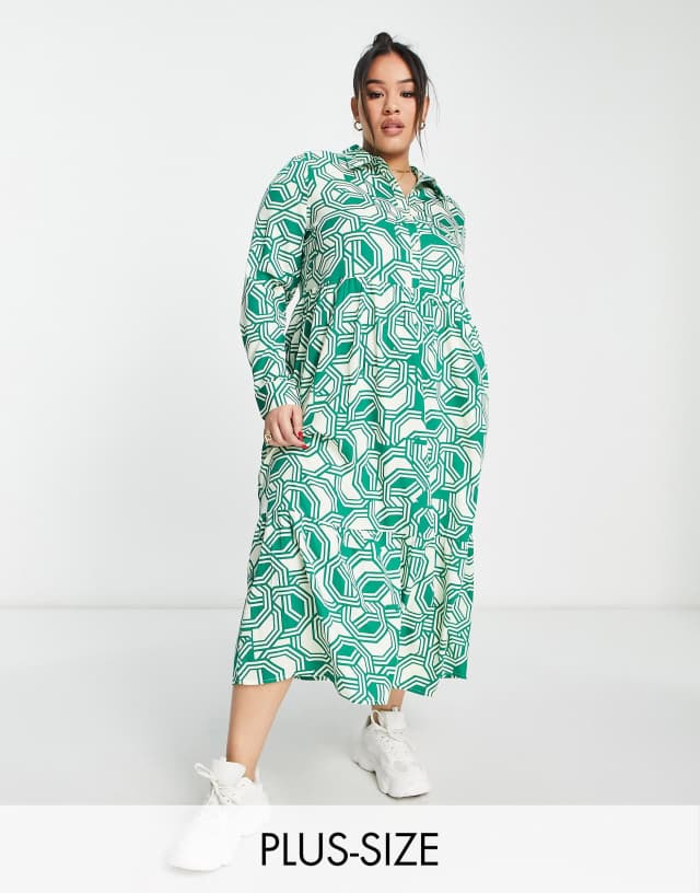 Wednesday's Girl Curve geometric print button up midi shirt dress in green