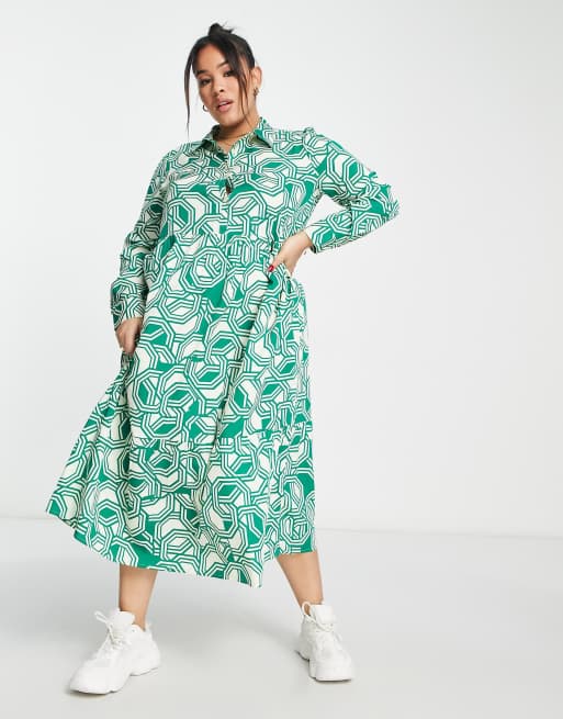 Wednesday's Girl Curve geometric print button up midi shirt dress in green  | ASOS