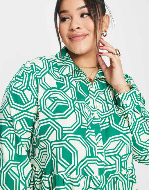 Wednesday's Girl Curve geometric print button up midi shirt dress in green  | ASOS