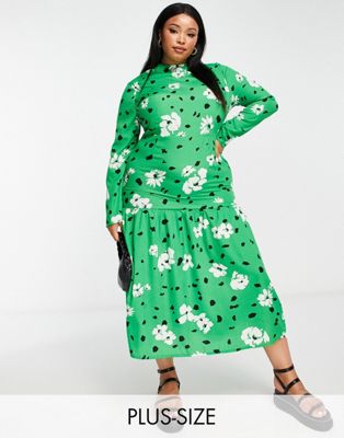 Wednesday's Girl Curve high neck long sleeve midi smock dress in green floral - ASOS Price Checker