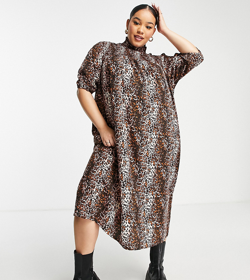Wednesday's Girl Curve high neck midi smock dress with shirring in grunge leopard-Multi
