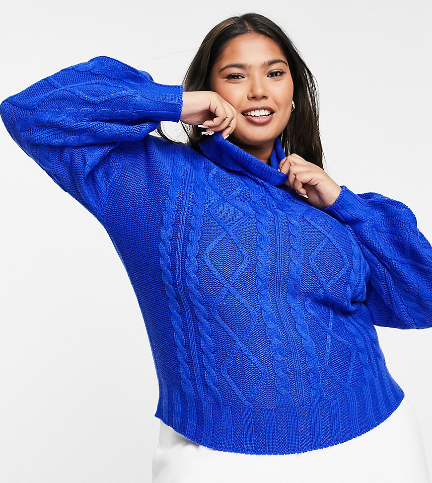 Wednesday's Girl Curve high neck sweater with balloon sleeves in chunky knit-Blues