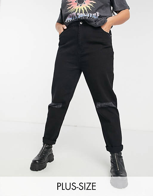 Wednesday's Girl Curve high waist mom jeans with distressed knees in black wash denim