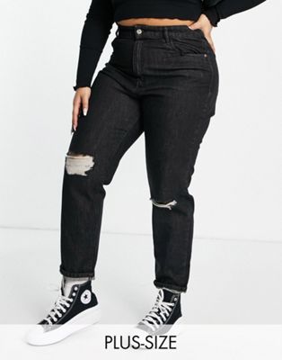 Wednesday's Girl Curve high waist mom jeans with ripped knees in black wash denim