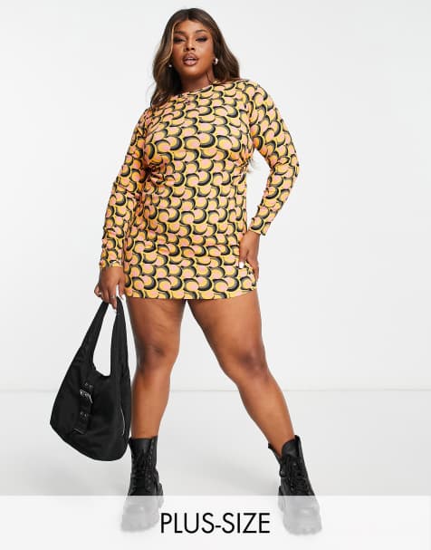 Wednesday's Girl Curve long sleeve bodycon dress in retro print with ring detail