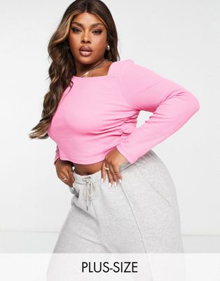 Wednesday's Girl Curve long sleeve crop top with asymmetric neck line in pink