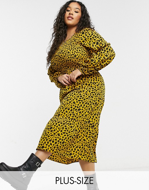 Wednesday's Girl Curve long sleeve midi dress with shirred waist in sketchy animal print