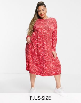 Wednesday's Girl Curve long sleeve midi smock dress in red smudge spot print