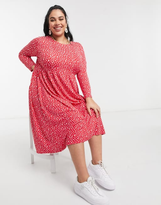 Wednesday's Girl Curve long sleeve midi smock dress in red smudge spot  print | ASOS