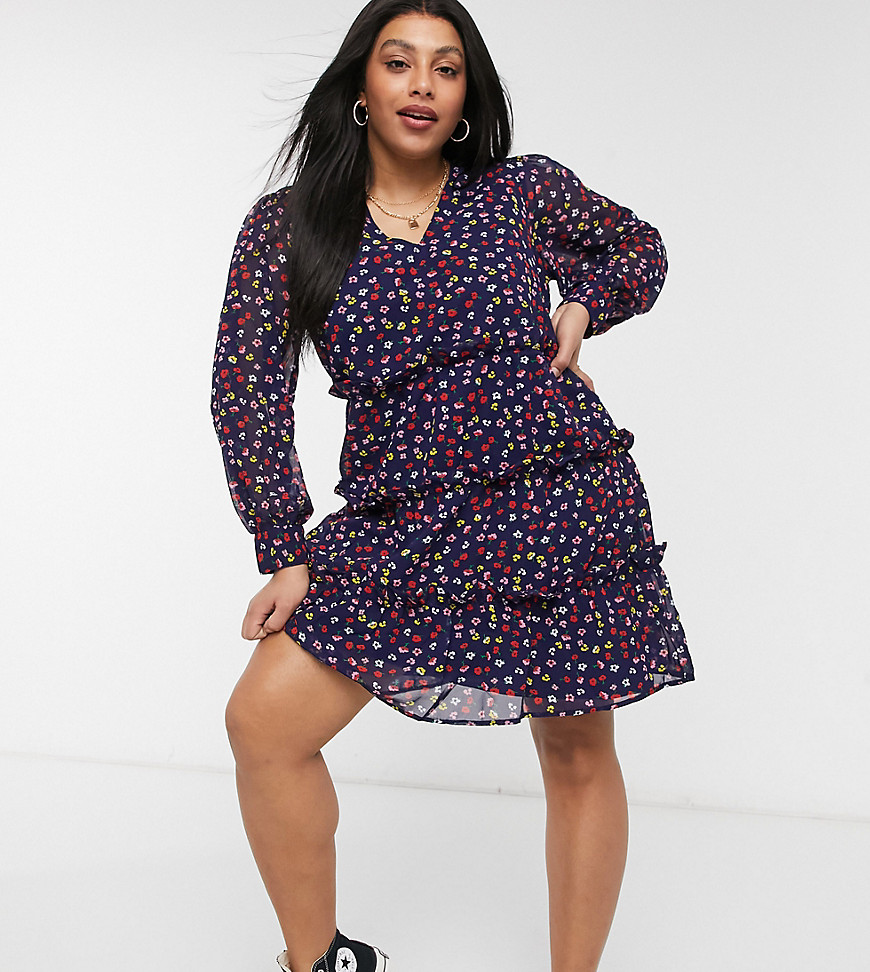 Wednesday's Girl Curve long sleeve mini smock dress with tiered skirt in floral print-Navy