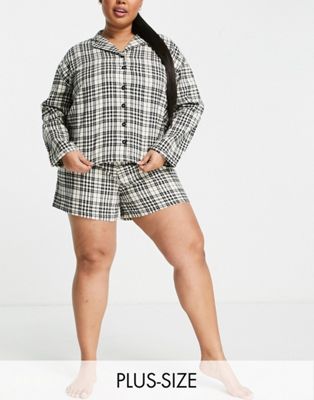 Wednesday's Girl Curve long sleeve pyjama shirt and shorts set in vintage check