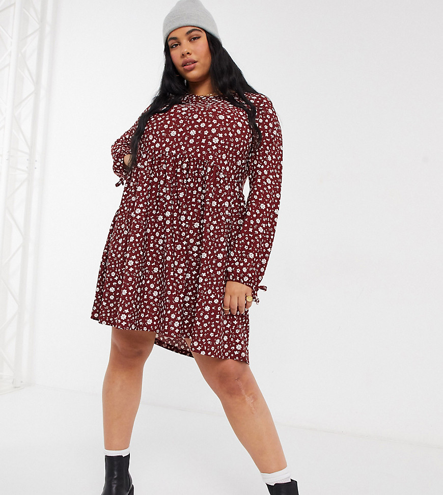 Wednesday's Girl Curve long sleeve smock dress in ditsy floral-Red