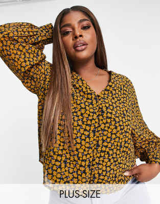 Wednesday's Girl Curve Long Sleeve Tea Blouse With Balloon Sleeves In Buttercup Floral-black